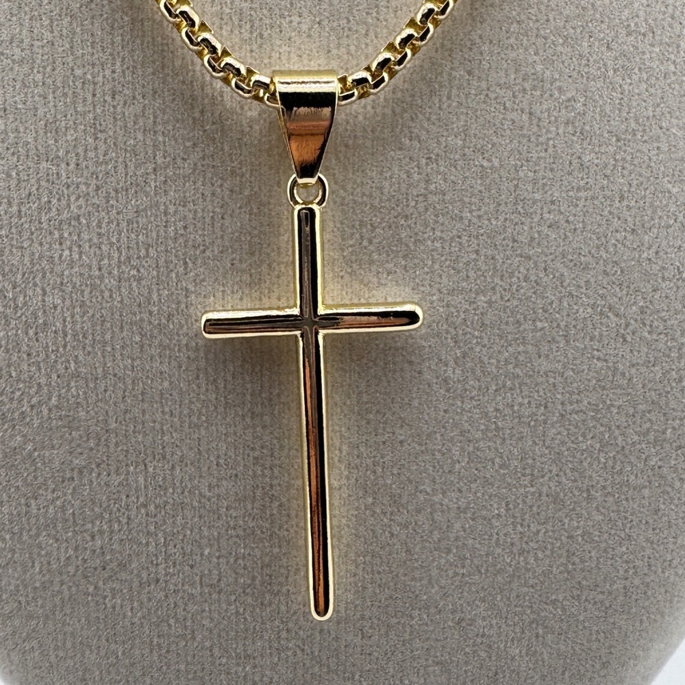 Gold Plated Cross Pendant Necklace Box Chain High Polish Religious Jewelry